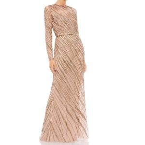 Mac Duggal Blush and Gold Long-Sleeve Sequin Evening Gown